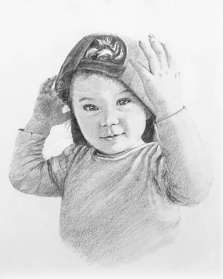 Portrait of a child Fine art drawing of a young child in a hat - person portrait.
