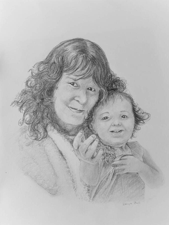 Grandmother and Granddaughter Portrait. Fine art, graphite drawing of a double portrait - A grandmother and her granddaughter.