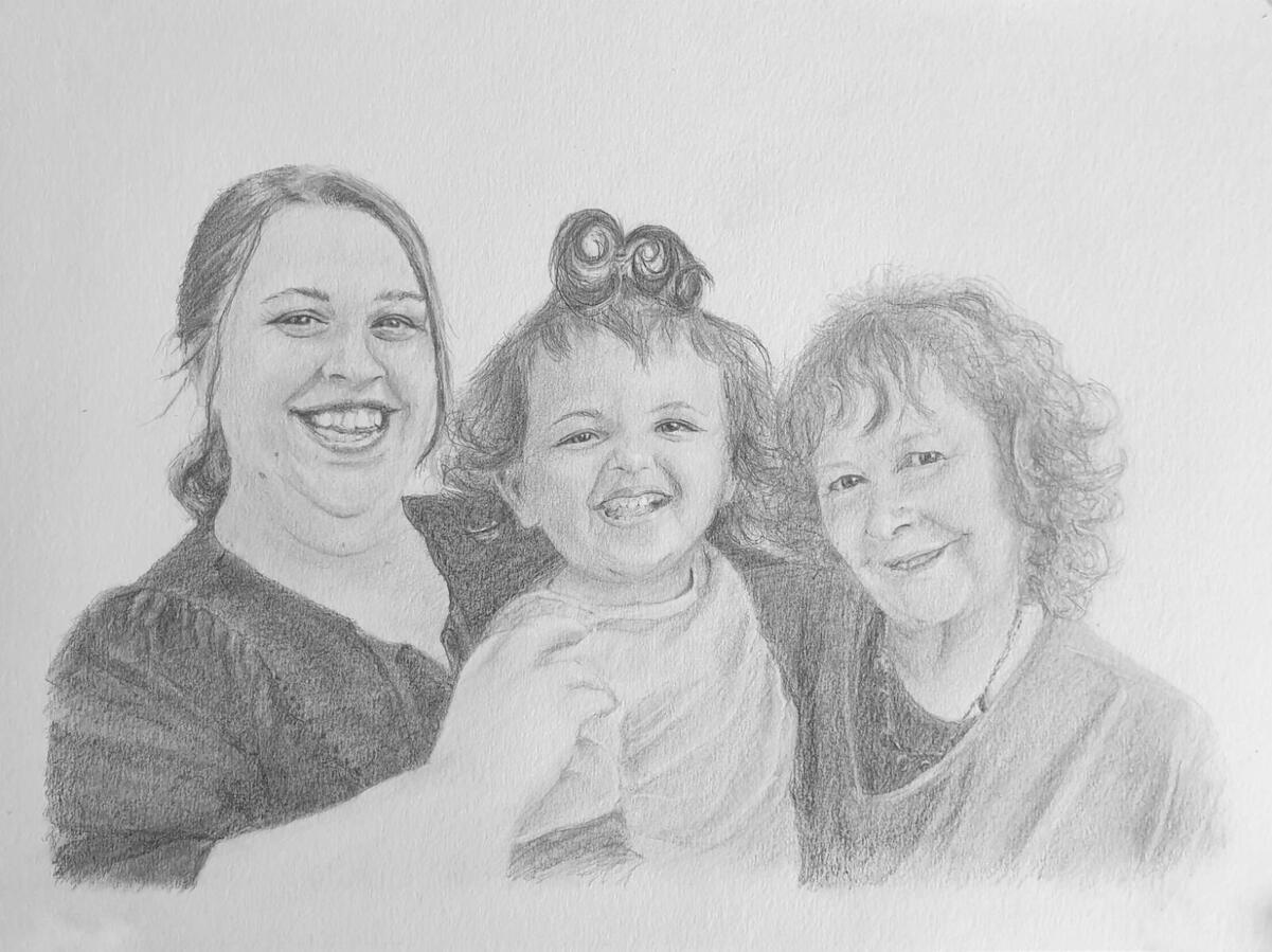 Three Generations Portrait Drawing Fine art portrait drawing, hand-drawn in graphite, of three people: Grandmother, Daughter, Granddaughter.