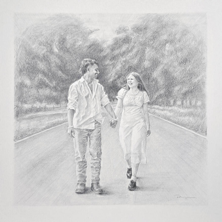Engagement Celebration Drawing Drawing of newly engaged, happy couple walking down a New Zealand country road.