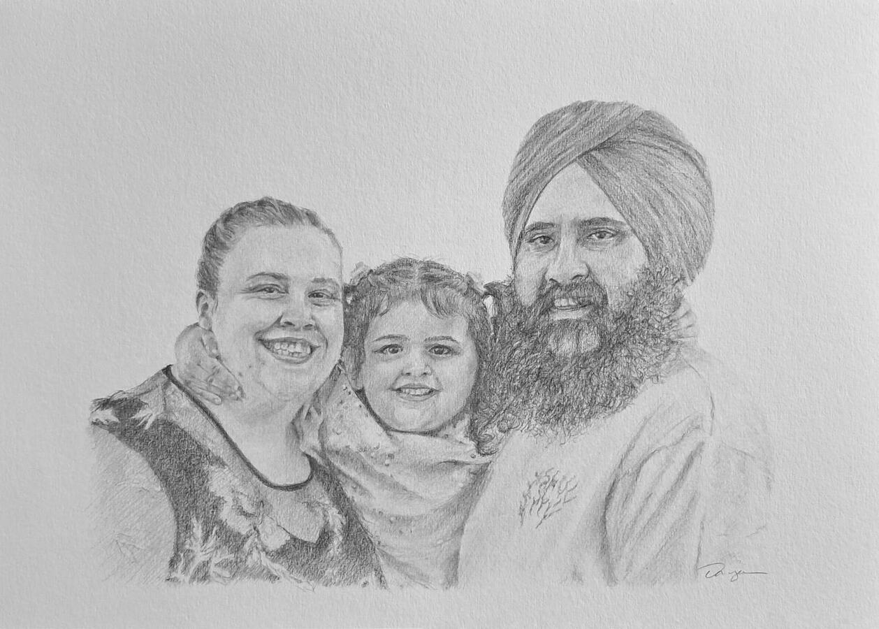 Family Portrait Drawing of a mother an father holding their daughter between them.