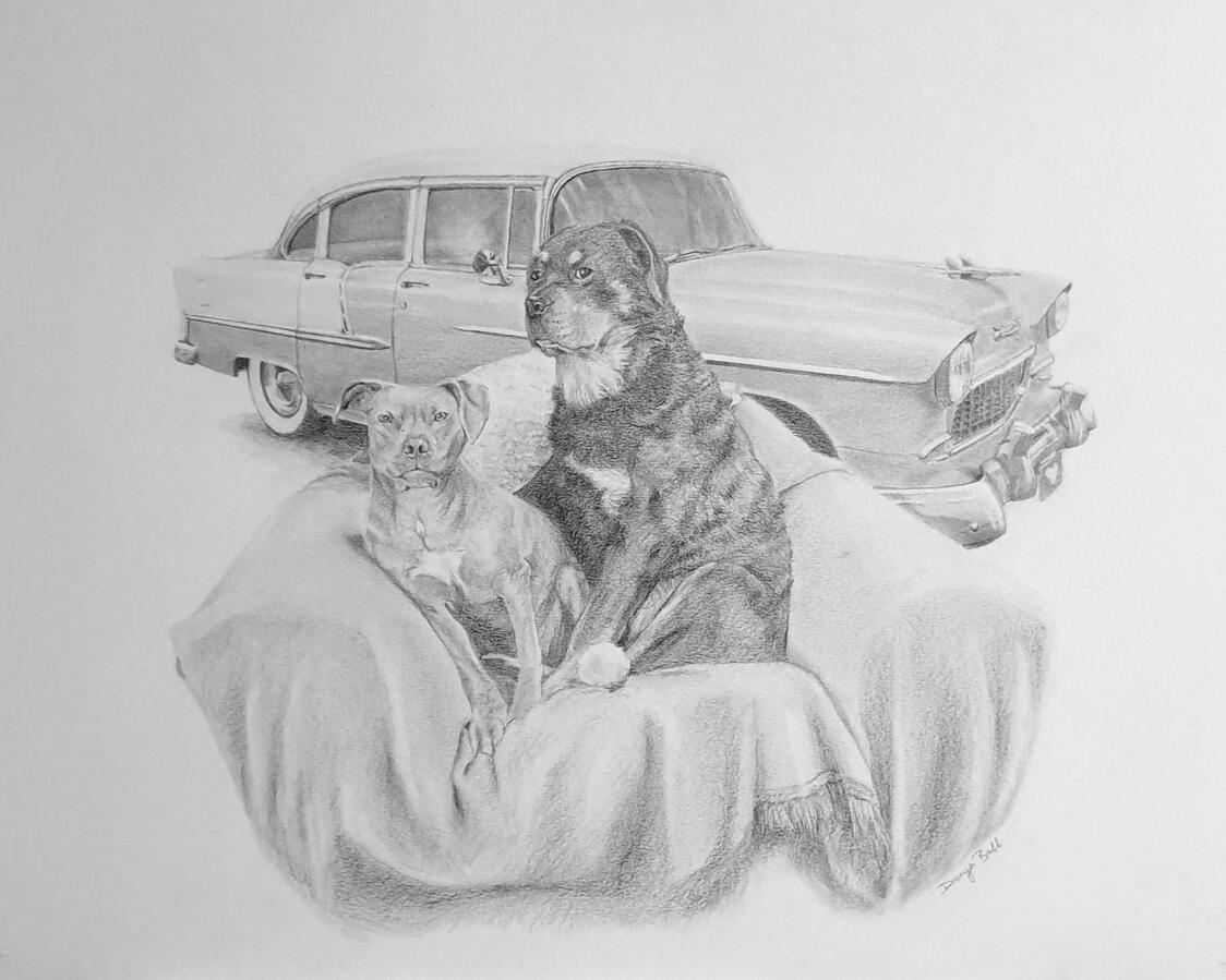 In Loving Memory Fine art drawing of beloved pets and classic car.