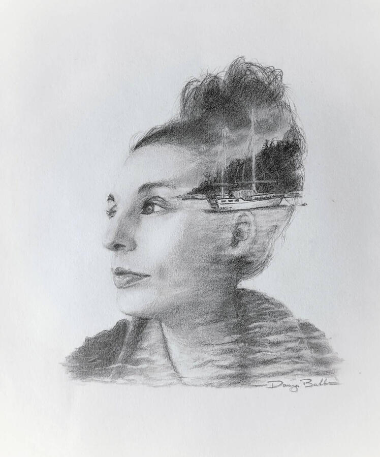 Self Portrait Double exposure self-portrait combined with Scotland travels memory; a fine art drawing in graphite.